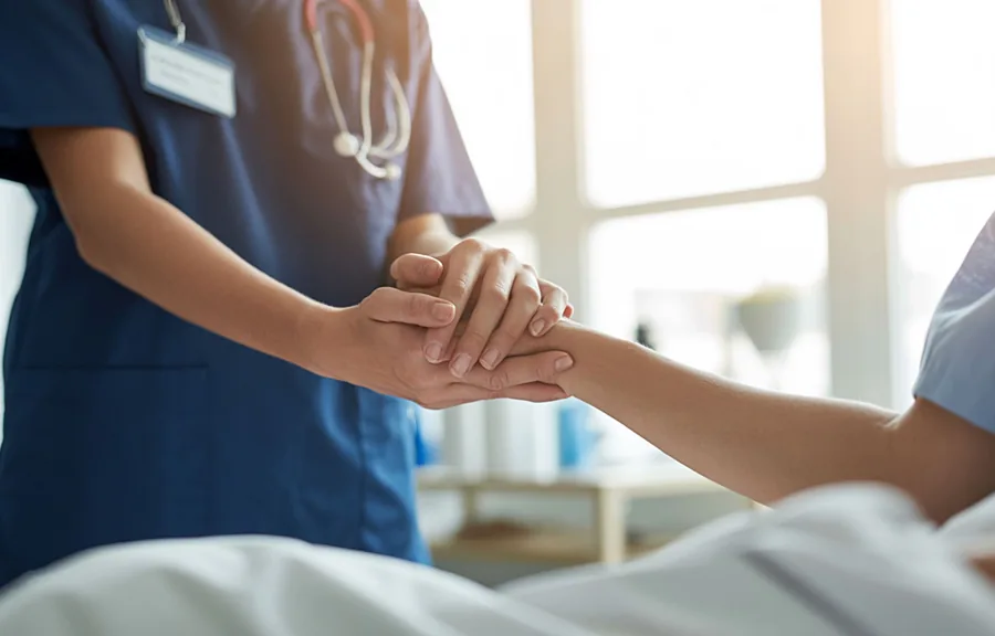 Healthcare professionals reviewing AI search results on a tablet