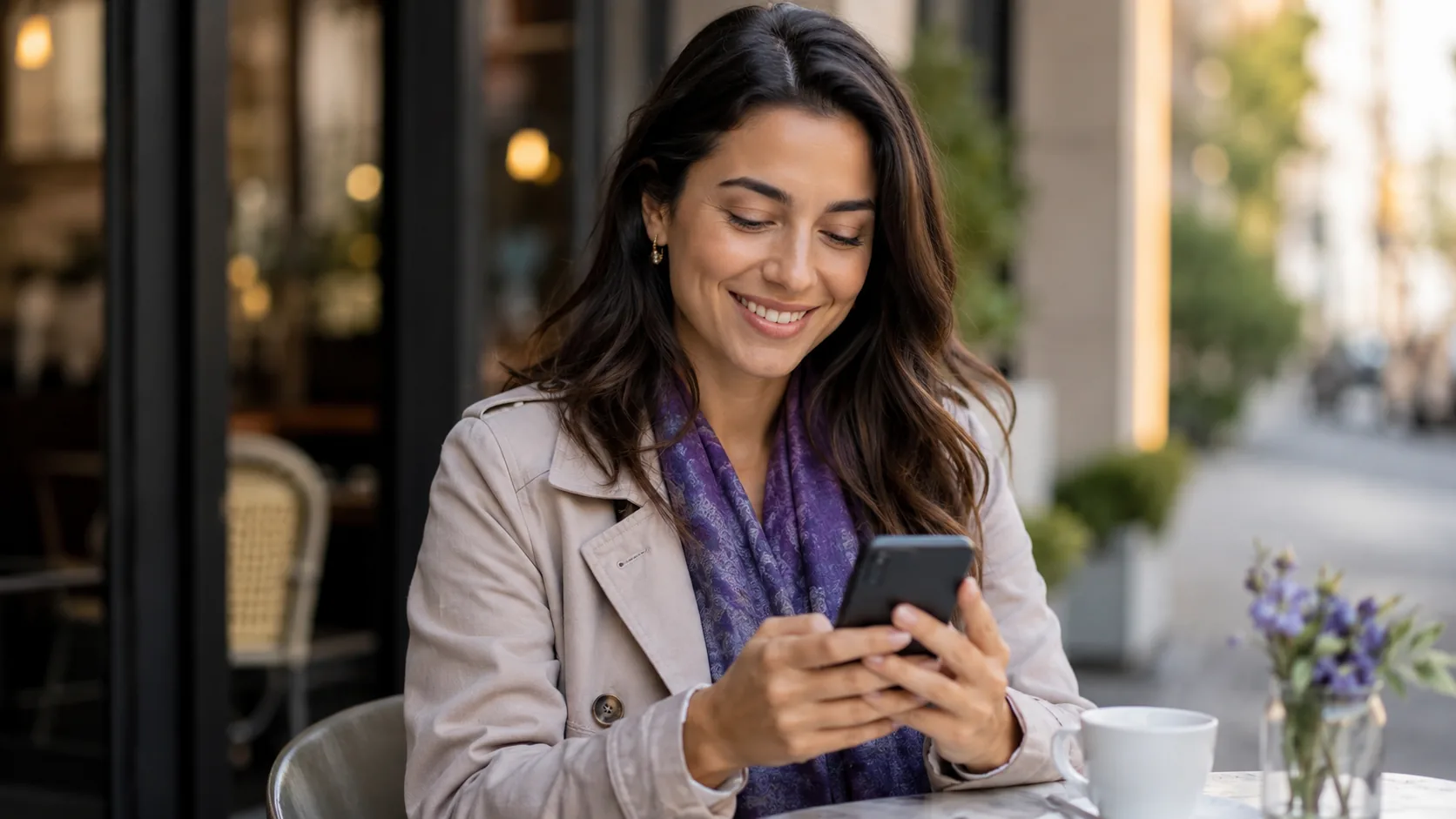 Satisfied patient smiling while typing a review on her phone at a bright café after an appointment
