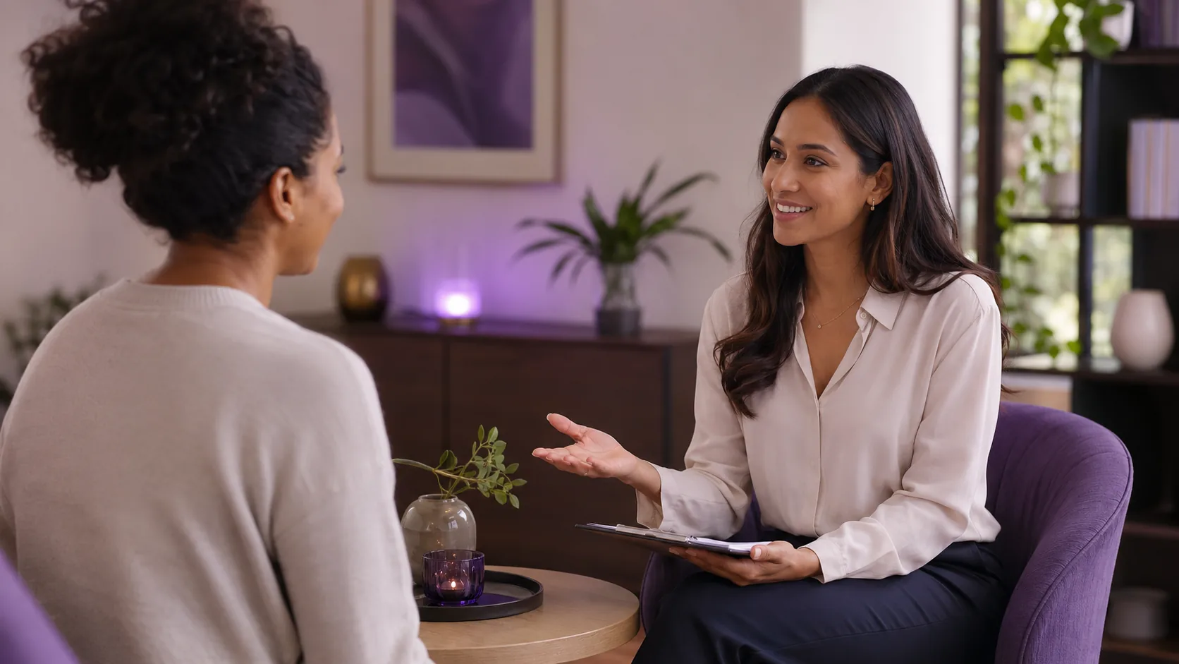 Healthcare practitioner in a calm private office talking openly with a patient, conveying a comfortable conversation about services and fees