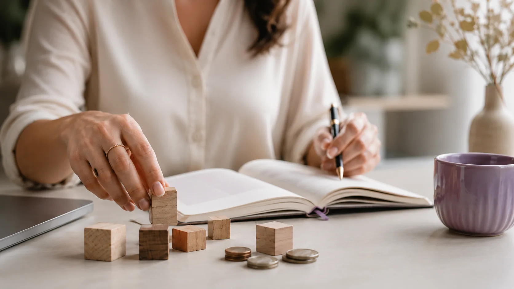 Practitioner's hands arranging wooden blocks and coins beside an open planner, symbolizing balancing costs and value when setting rates