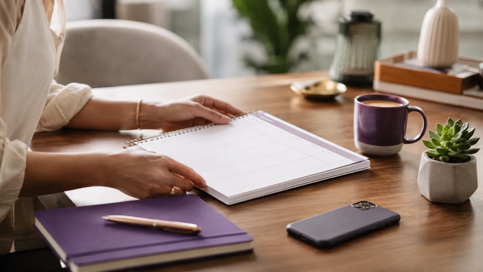 Hands arranging a clean weekly planner beside coffee and a phone, representing an organized email routine