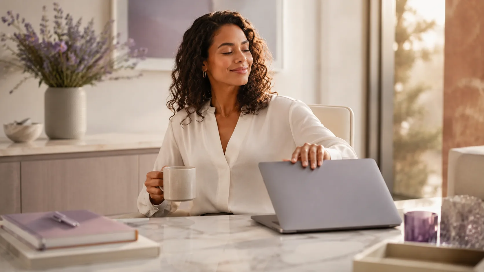 Practitioner leaning back with a satisfied smile after organizing her practice, coffee in hand