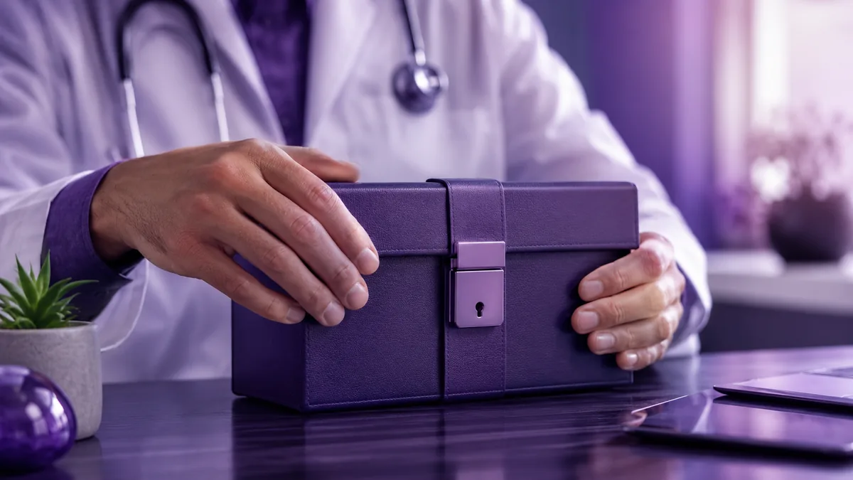 A clinician securing patient records in a locked box, a calm and protective gesture representing data safeguards