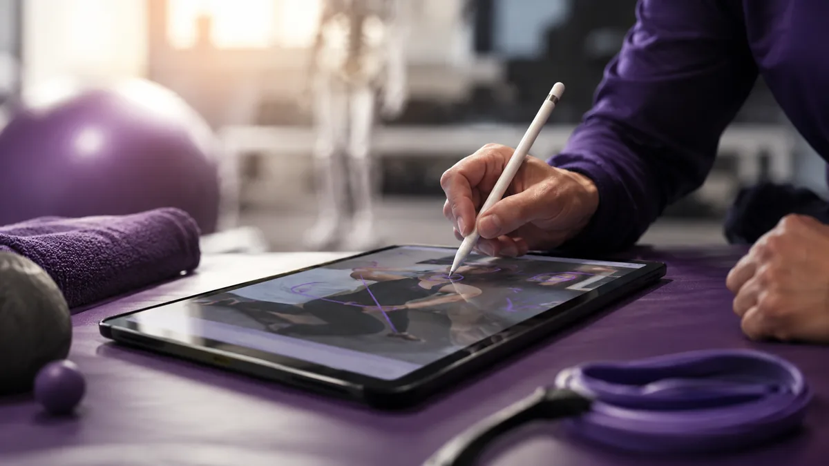 Close-up of a hand annotating a movement assessment on a tablet with a stylus
