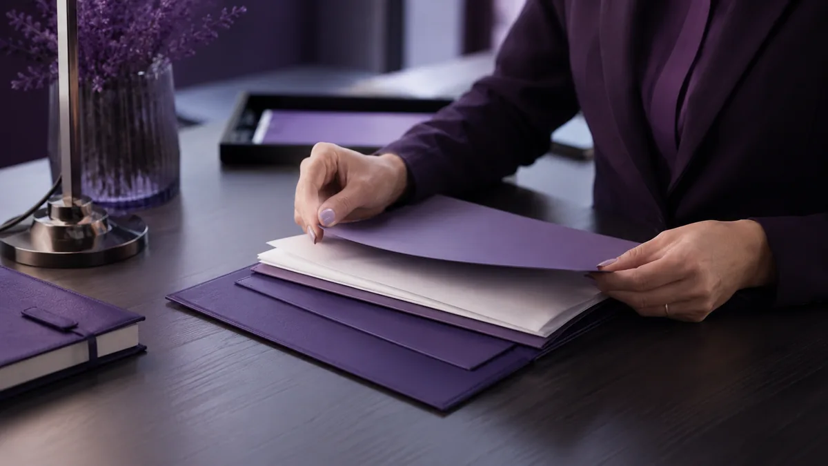 Hands neatly organizing paperwork into a folder on a tidy desk