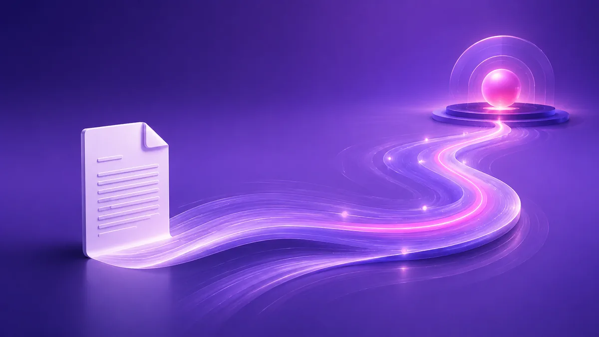 A single document flowing along a path toward a resolved endpoint, representing the reimbursement journey