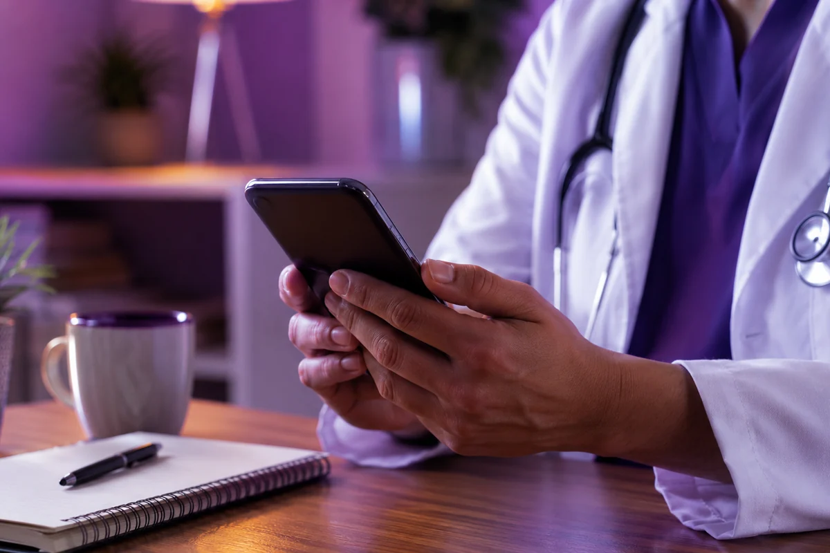 A clinician composing a personal outreach message on a smartphone at a calm desk