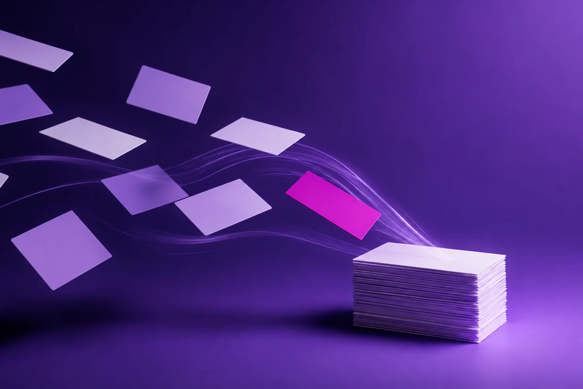 Dormant patient records drifting back into an organized stack, one highlighted in magenta