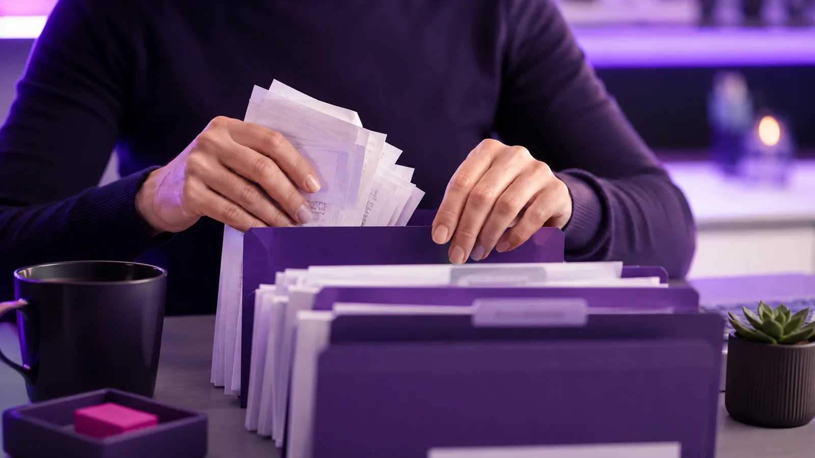 Hands sorting receipts into labeled folders on a tidy desk