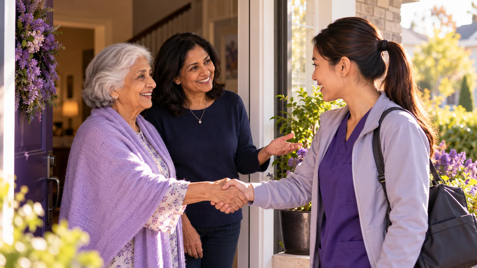 A caregiver being introduced to a new client and her daughter at the front door during a welcoming first meeting