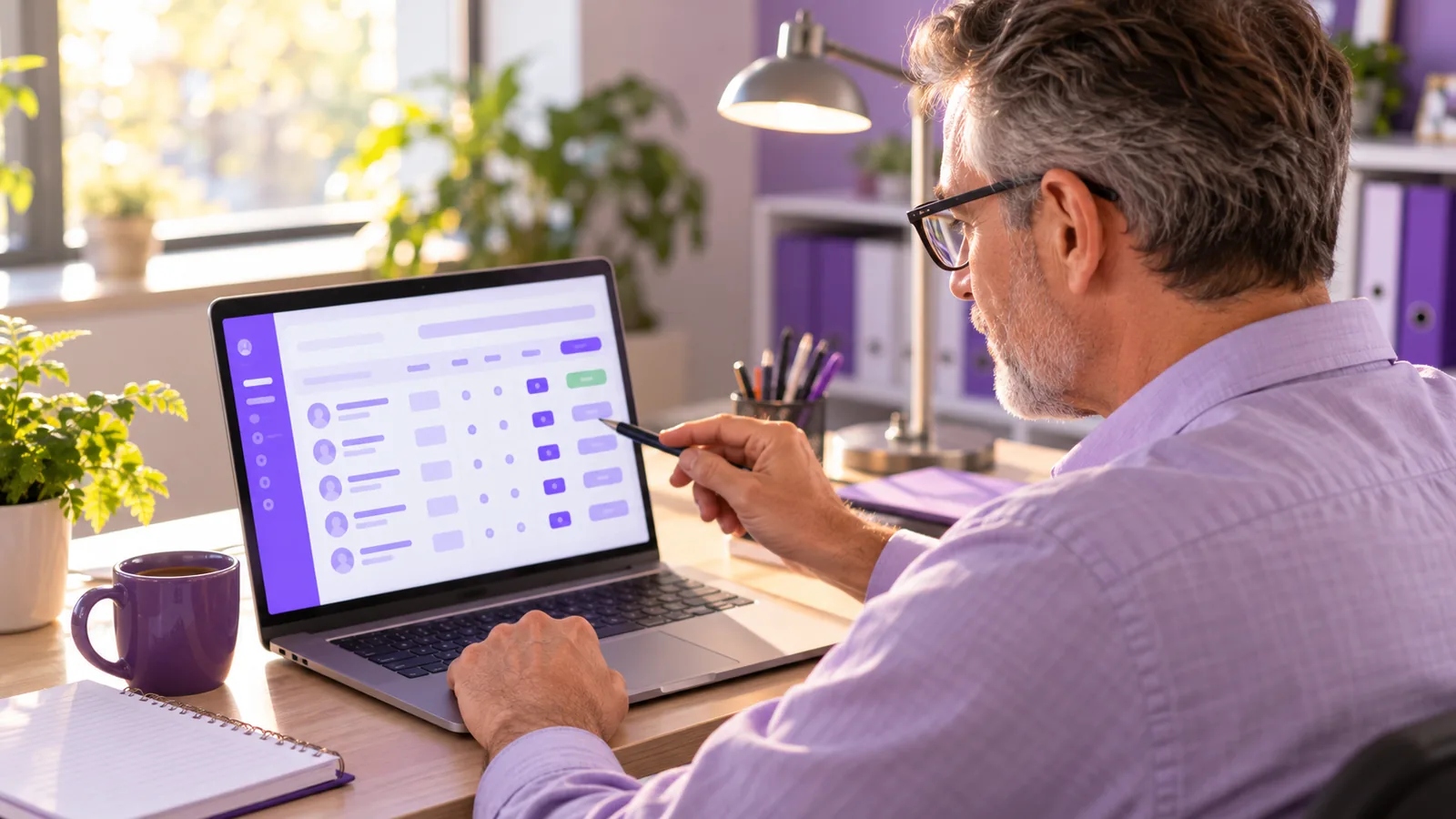 A home care office manager reviewing caregiver visit records on a laptop before approving the pay period