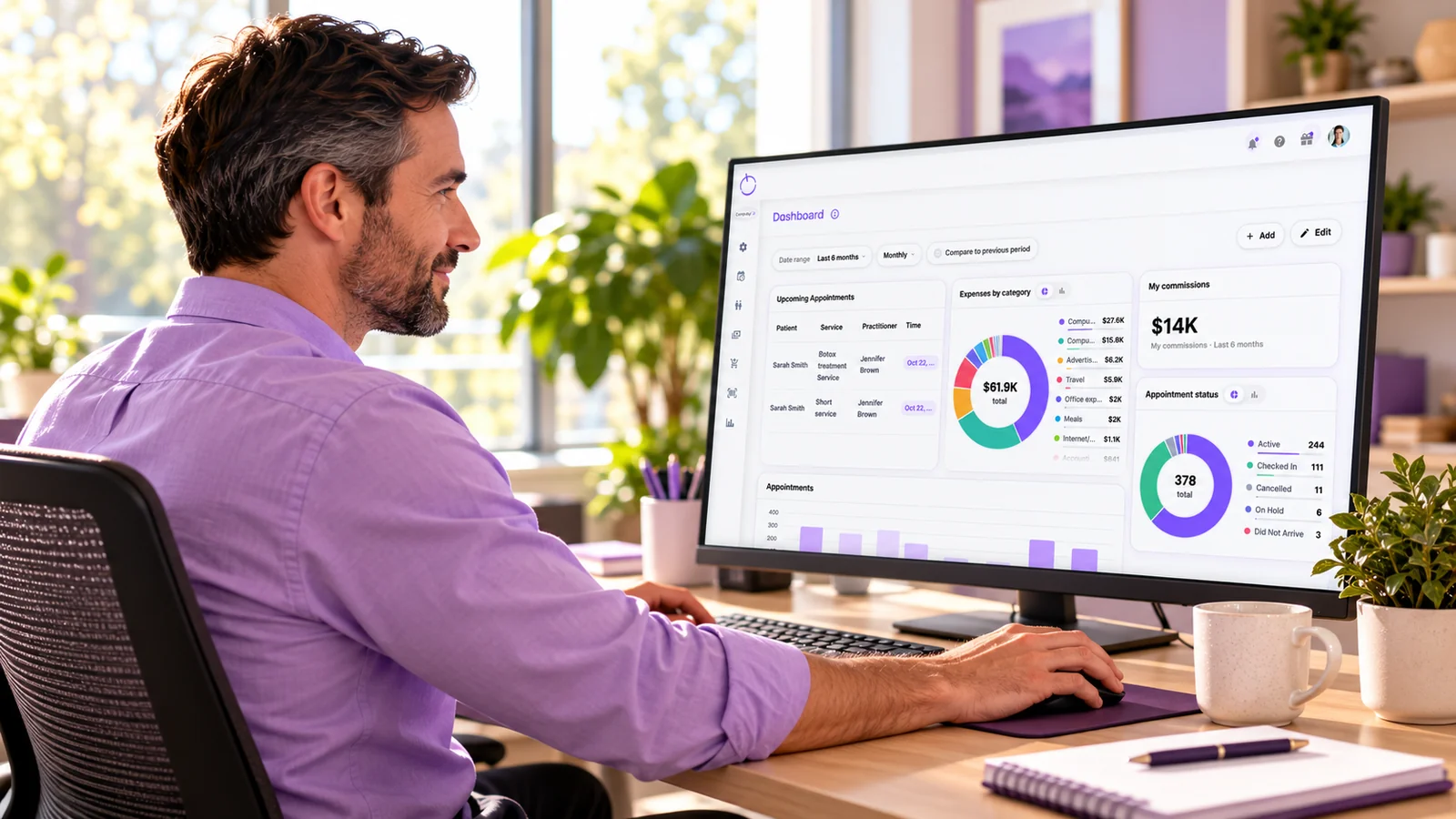 A home care agency owner reviewing upcoming visits and appointment status on the CompanyOn dashboard in a bright office