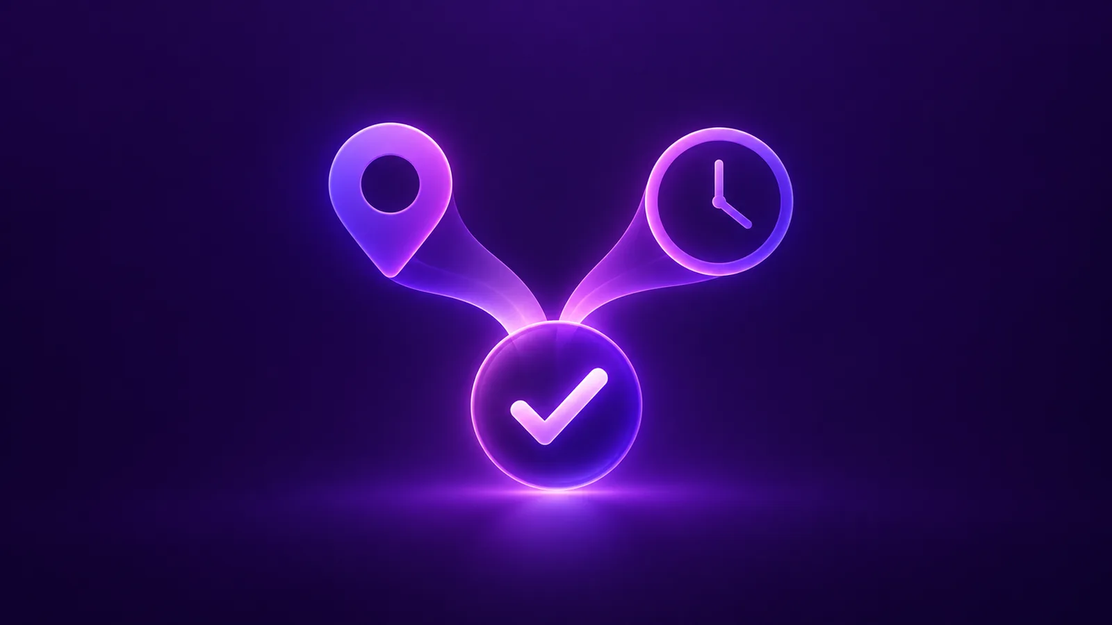 A location pin and a clock merging into a verified checkmark, representing a clocked visit
