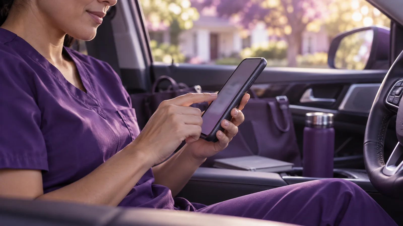 A caregiver tapping a phone in the car before a home visit