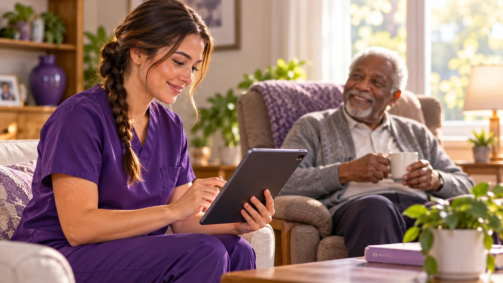 A caregiver adding a short visit note on a tablet in a client's living room
