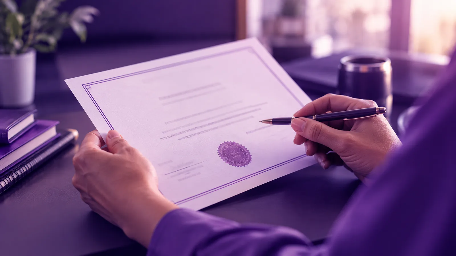 Hands reviewing a certificate-style document with a quality pen