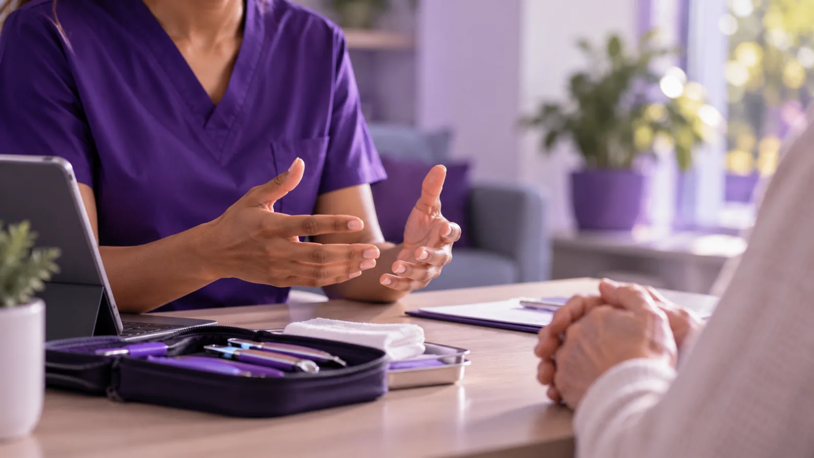 A foot care clinician explaining treatment options to a seated patient across a desk