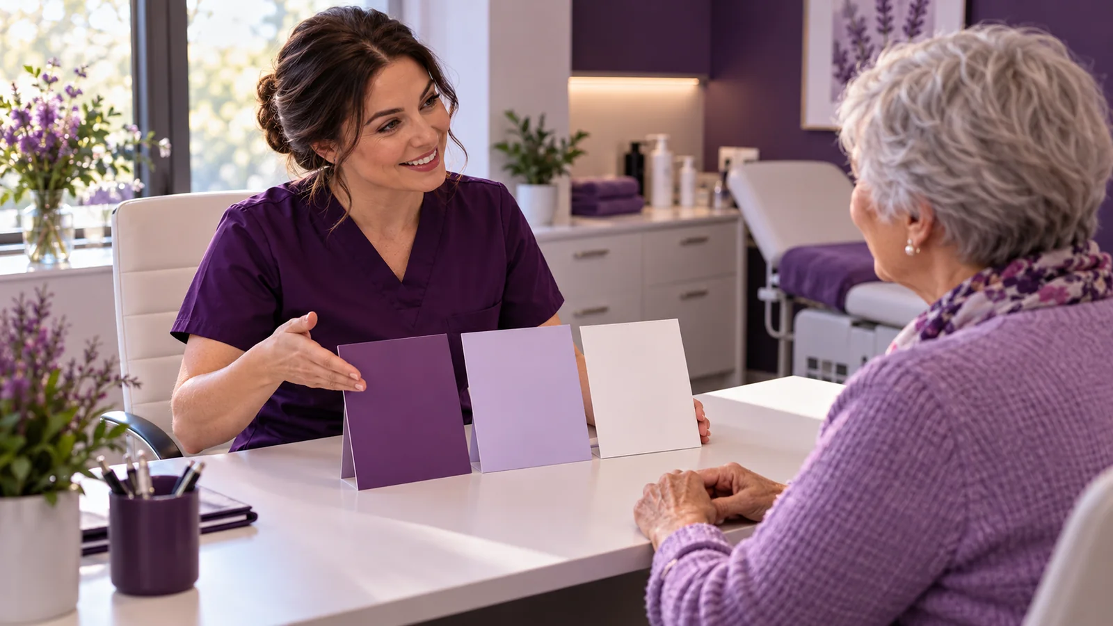 Foot care nurse presenting three service options to an older adult client across a clinic desk