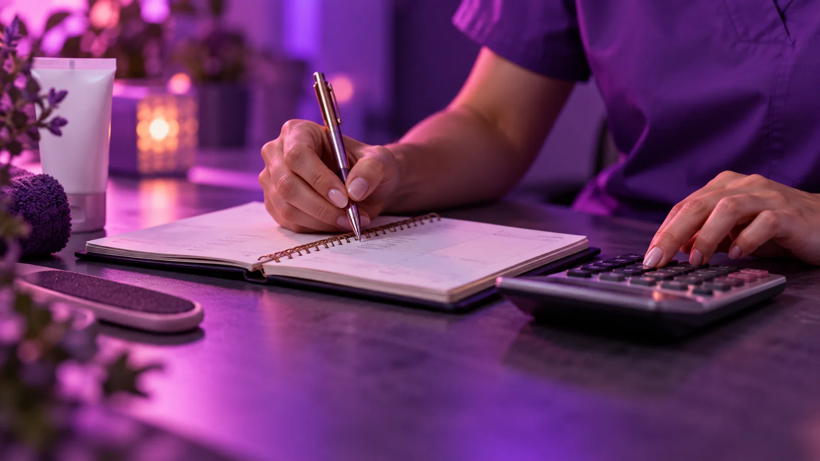 Close-up of a foot care nurse's hands with a notebook and calculator, planning visit rates