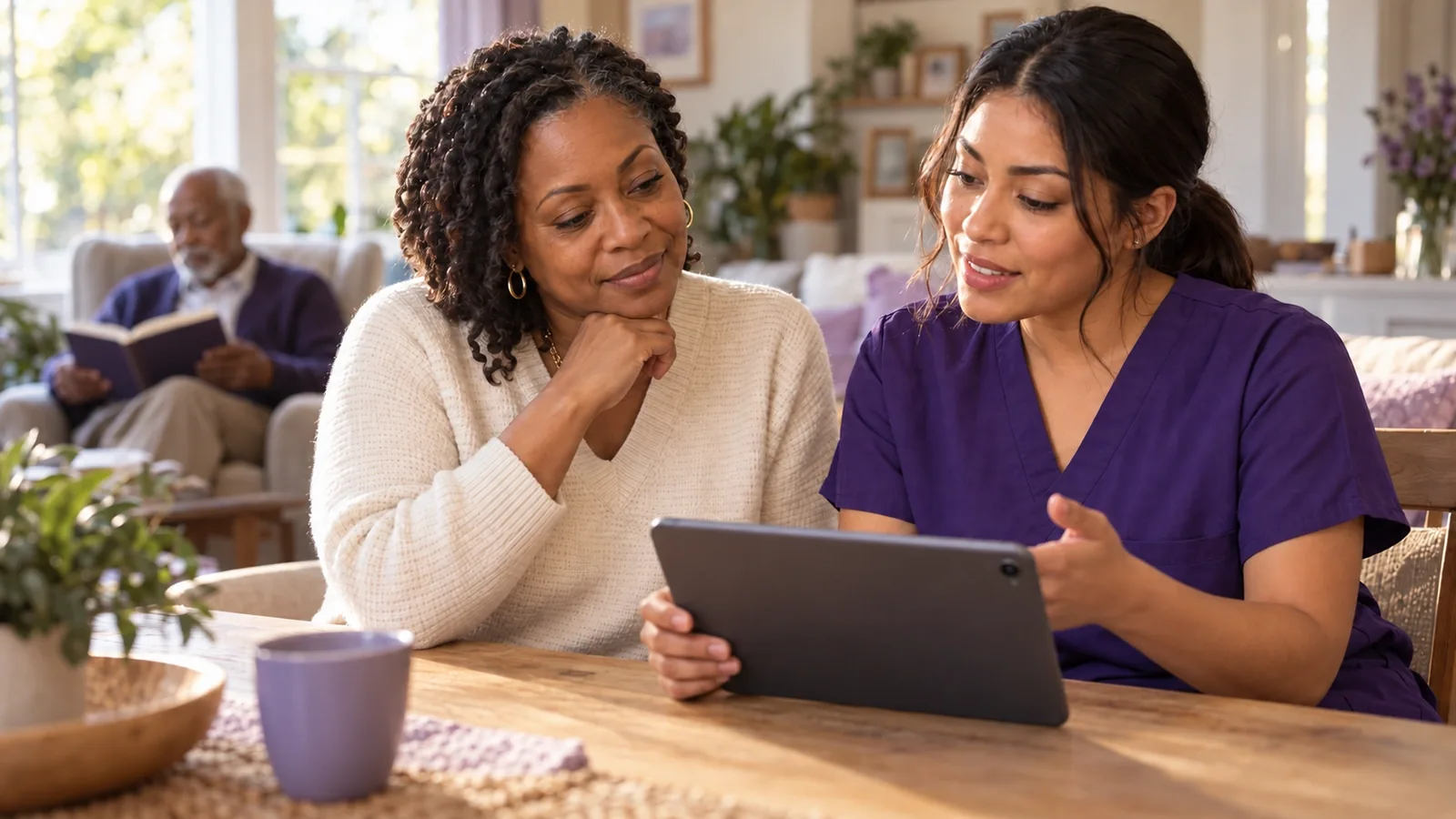 A caregiver and an older client's daughter reviewing the care plan together in a bright living room