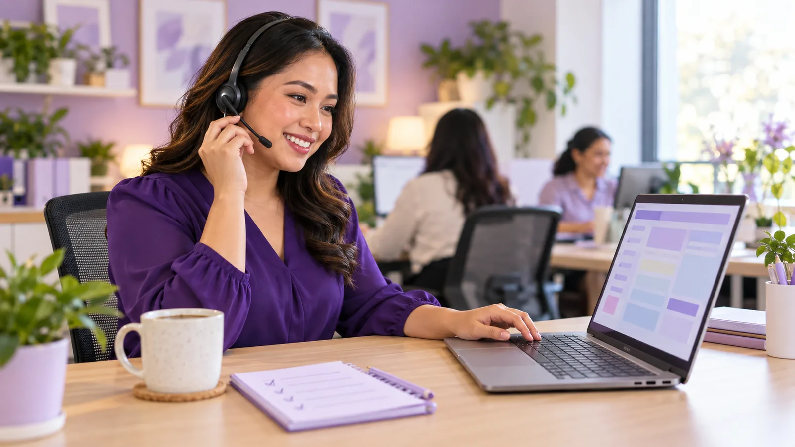 A friendly home care intake coordinator on a headset taking a family's call with an intake form on her laptop
