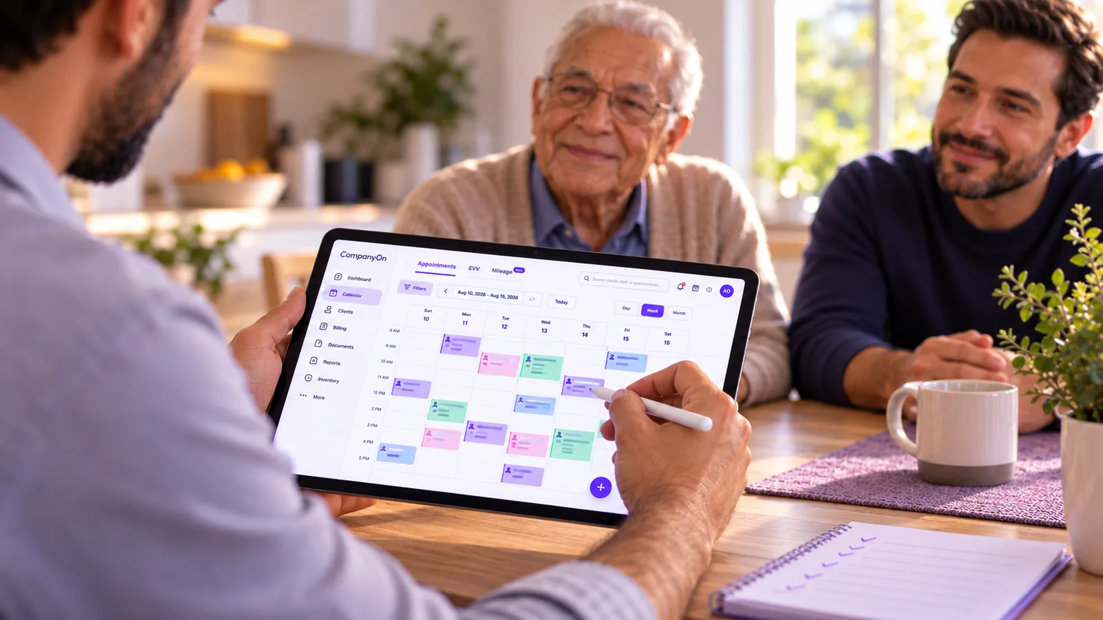 A tablet displaying a clean digital intake form with client details and care needs