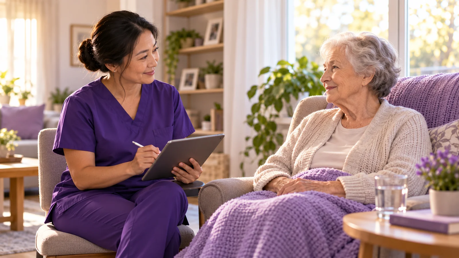 A caregiver calmly documenting an incident on a tablet in a client's living room while the client rests safely in an armchair