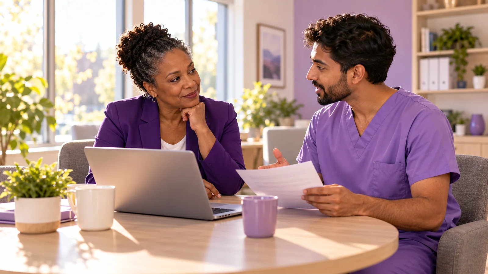 A home care manager reviewing an incident report with a caregiver in a bright, supportive office