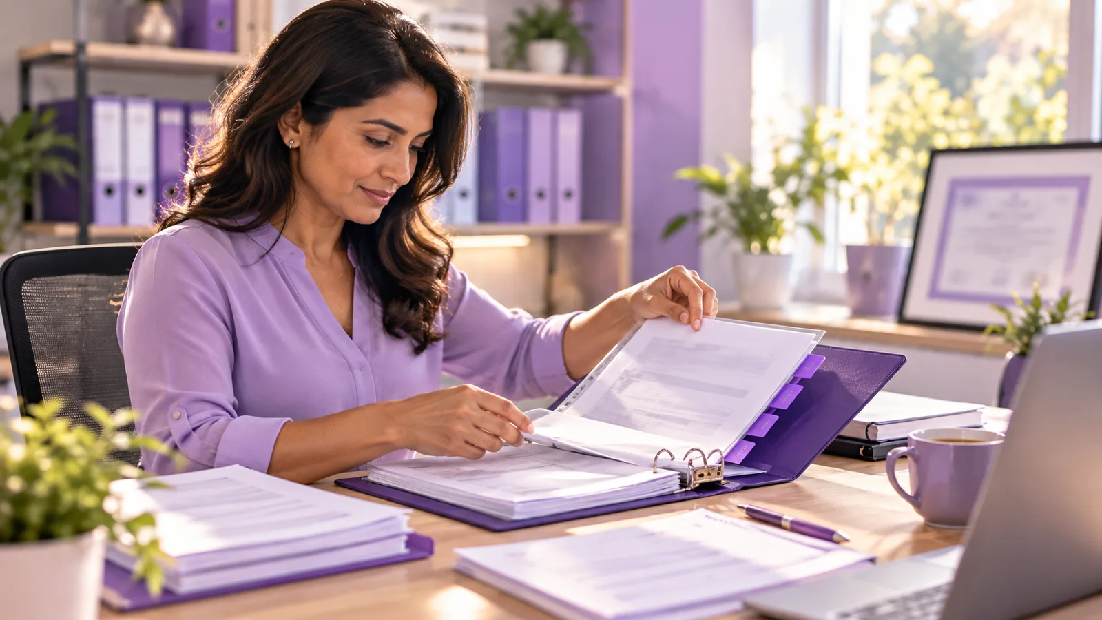 A home care agency owner organizing licensing documents and certificates in a binder in a bright office