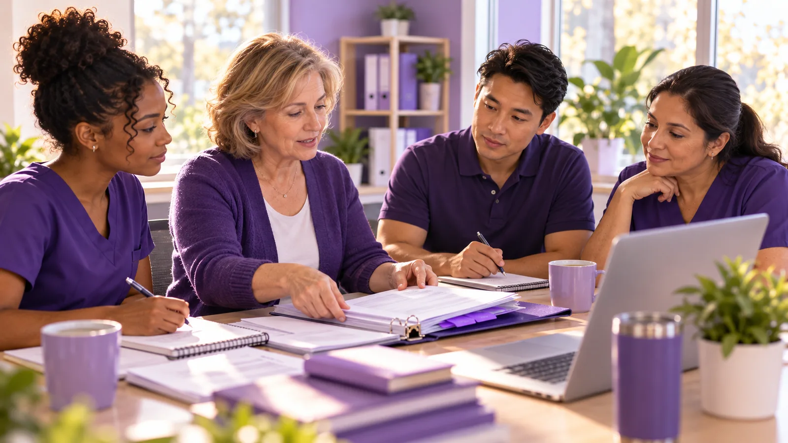 A small home care team reviewing policies and procedures together at a meeting table