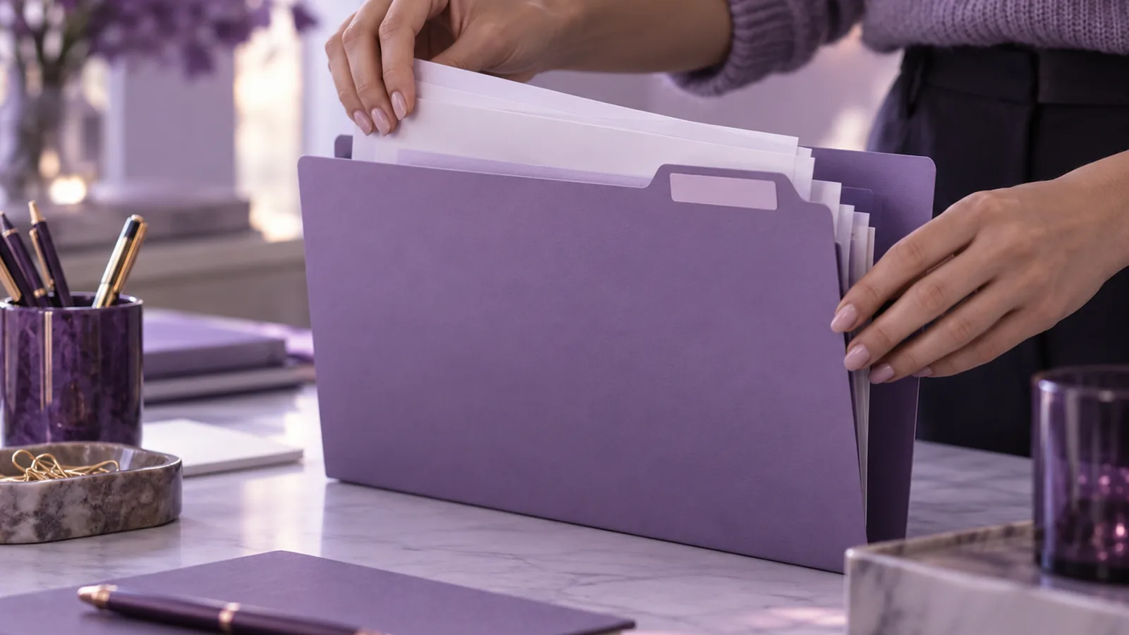 Hands organizing labeled files in a purple folder on a tidy desk
