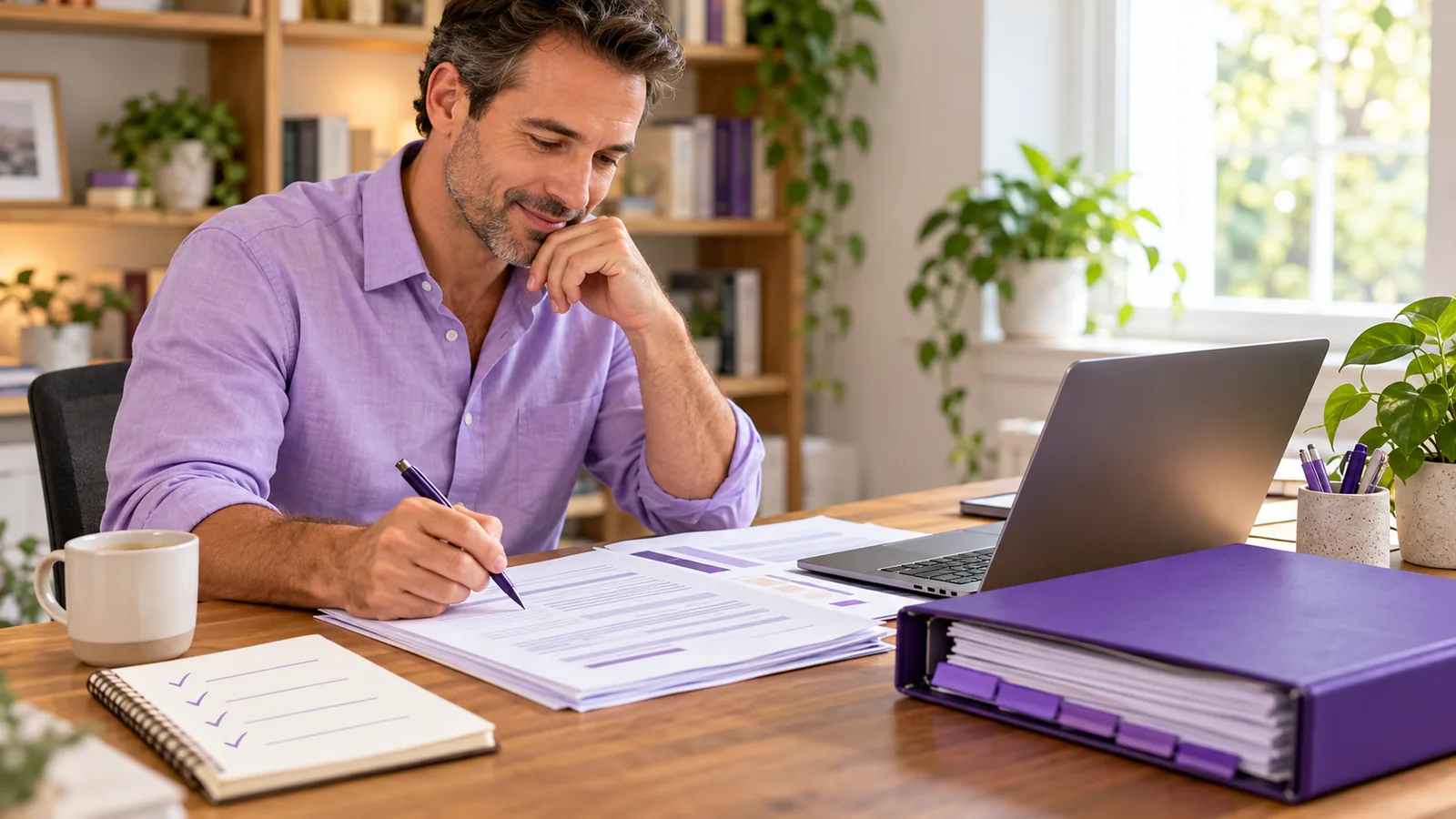 An entrepreneur reviewing a home care business plan and licensing documents on a laptop in a tidy home office