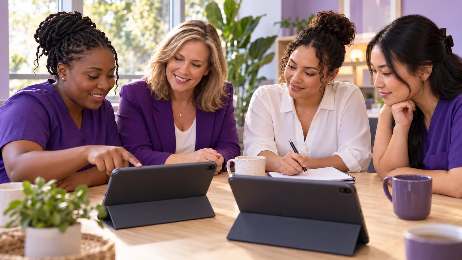 A small home care team meeting around a table with tablets showing a scheduling app
