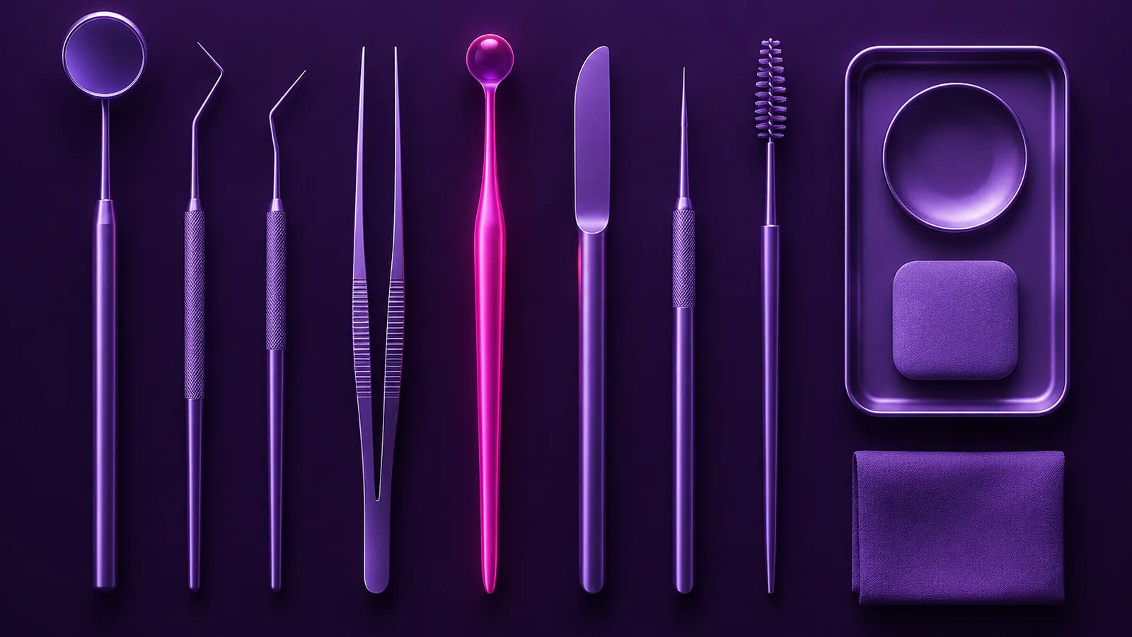 Foot care instruments arranged in precise order on a deep purple surface, one magenta accent