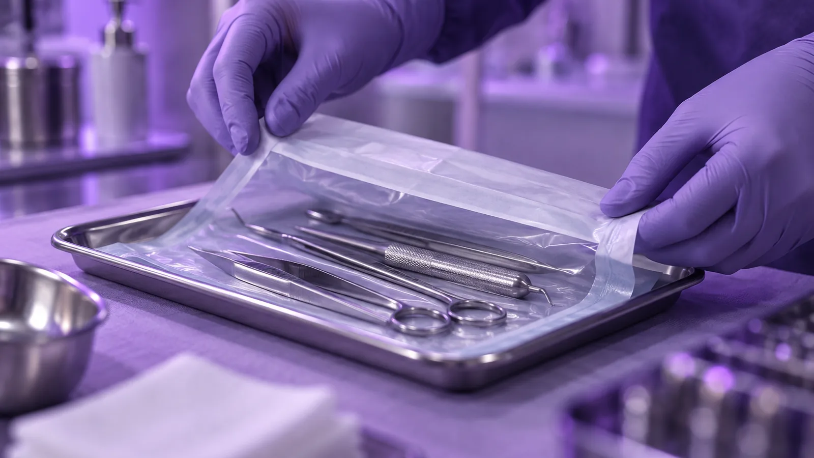 Gloved hands sealing a sterile instrument pouch on a violet-lit surface
