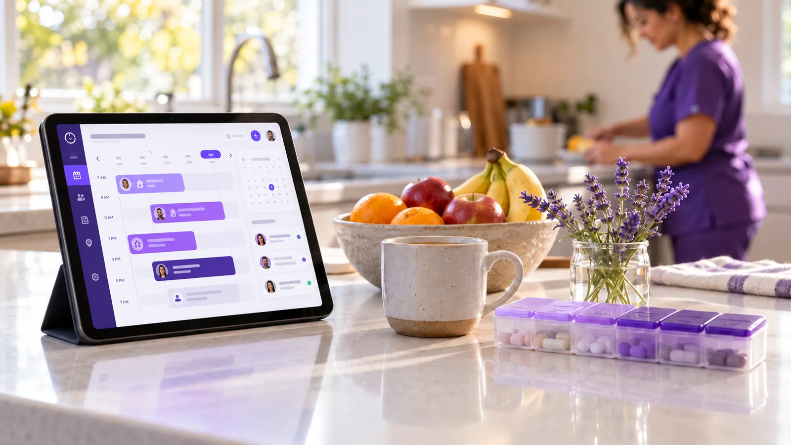 A tablet on a kitchen counter showing the day and night caregiver schedule for a 24-hour client while a caregiver prepares a meal