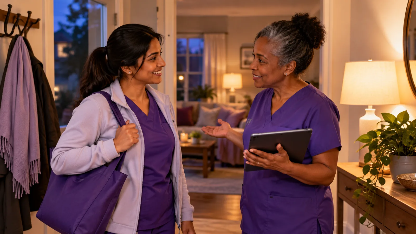A caregiver arriving for the evening shift greeting her colleague, who shares the handoff notes on a tablet in the client's entryway