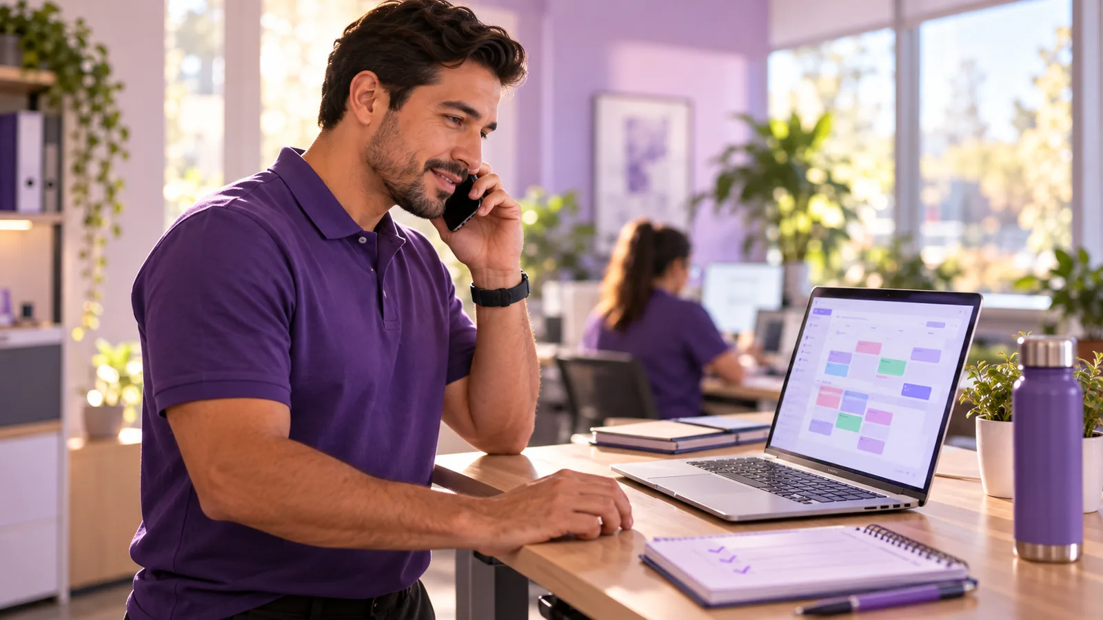 A home care coordinator calling a backup caregiver while viewing the day's schedule on a laptop