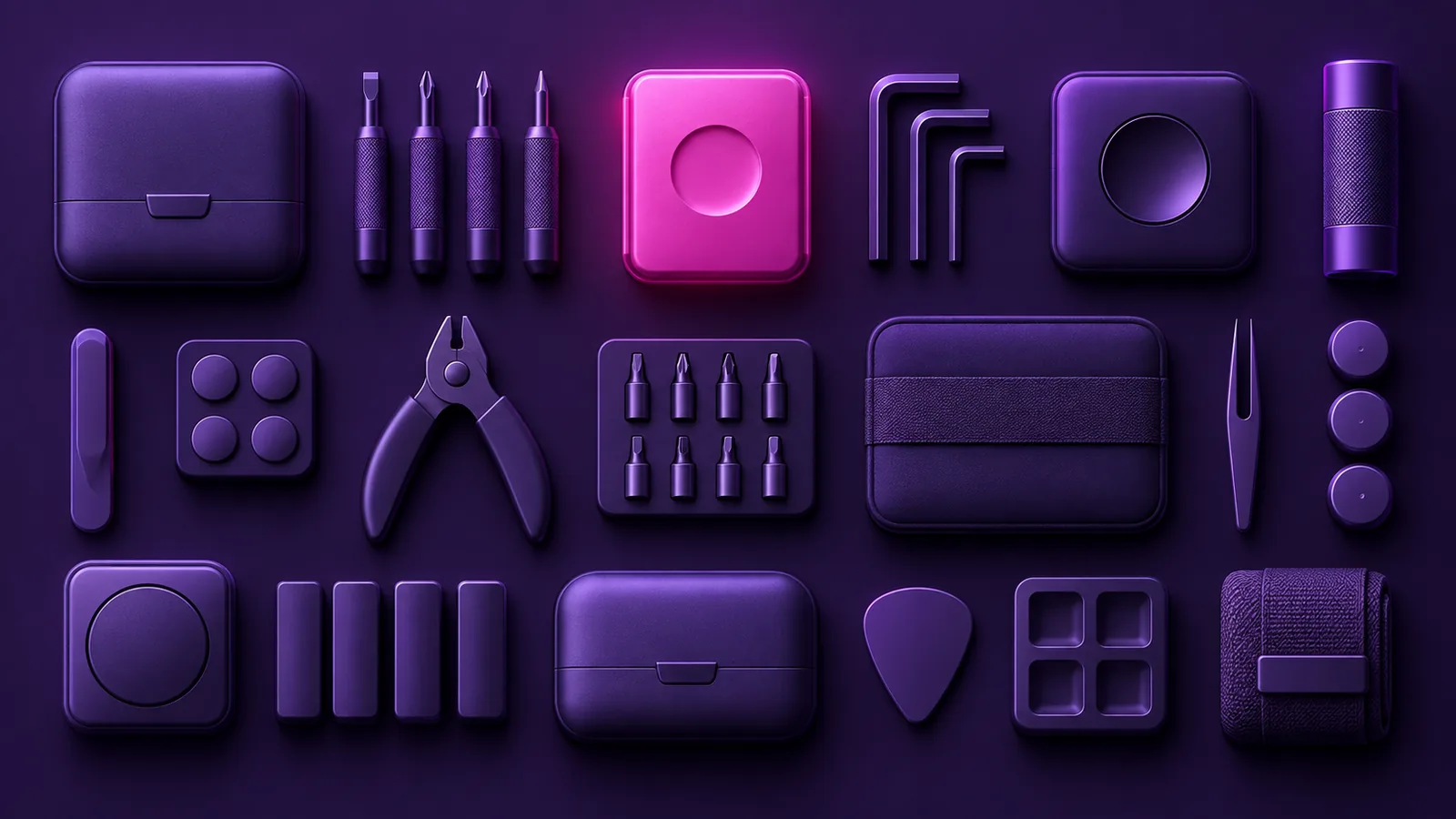 A neatly arranged grid of foot care tools and supplies, one item highlighted, representing a well-packed kit