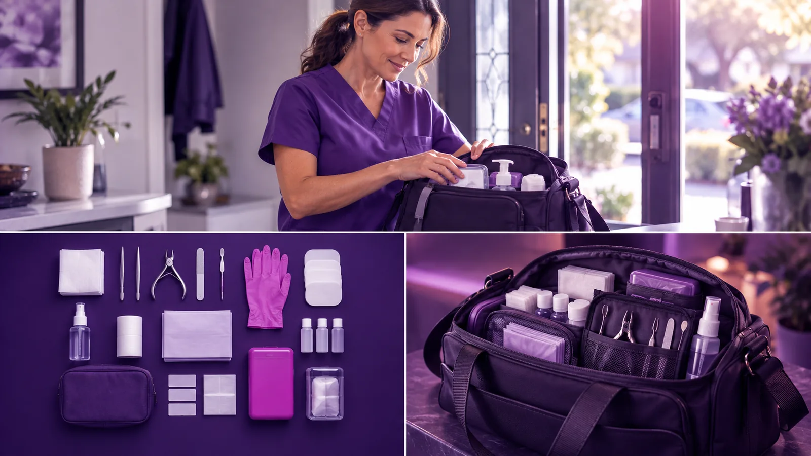 A mobile foot care nurse organizing a tidy, well-stocked supply bag and tray