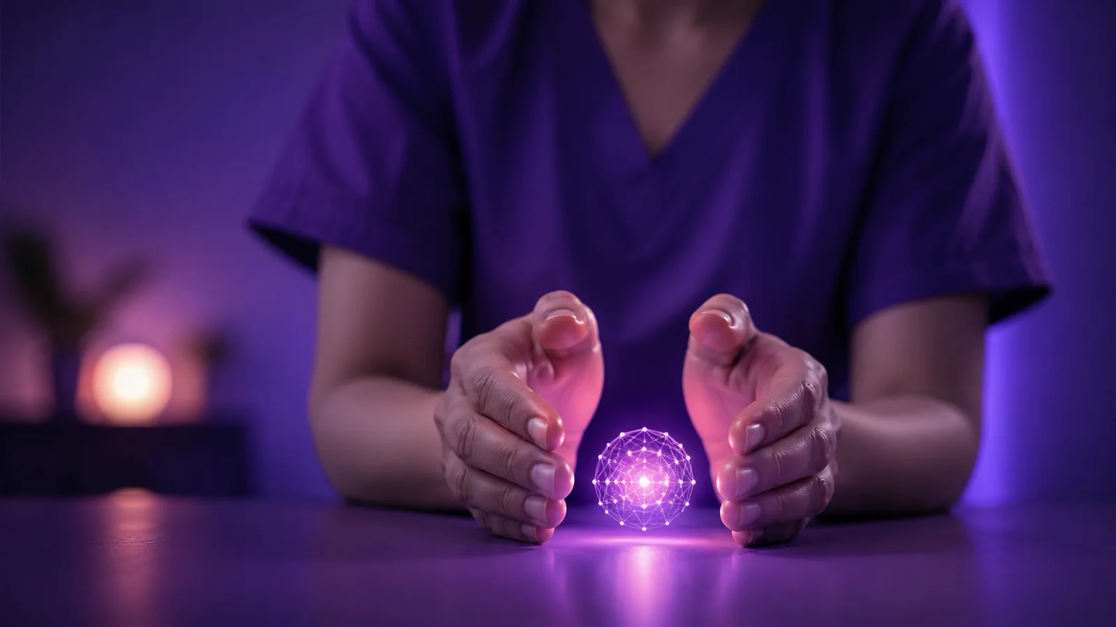 A clinician's hands protecting a glowing sphere of connected data