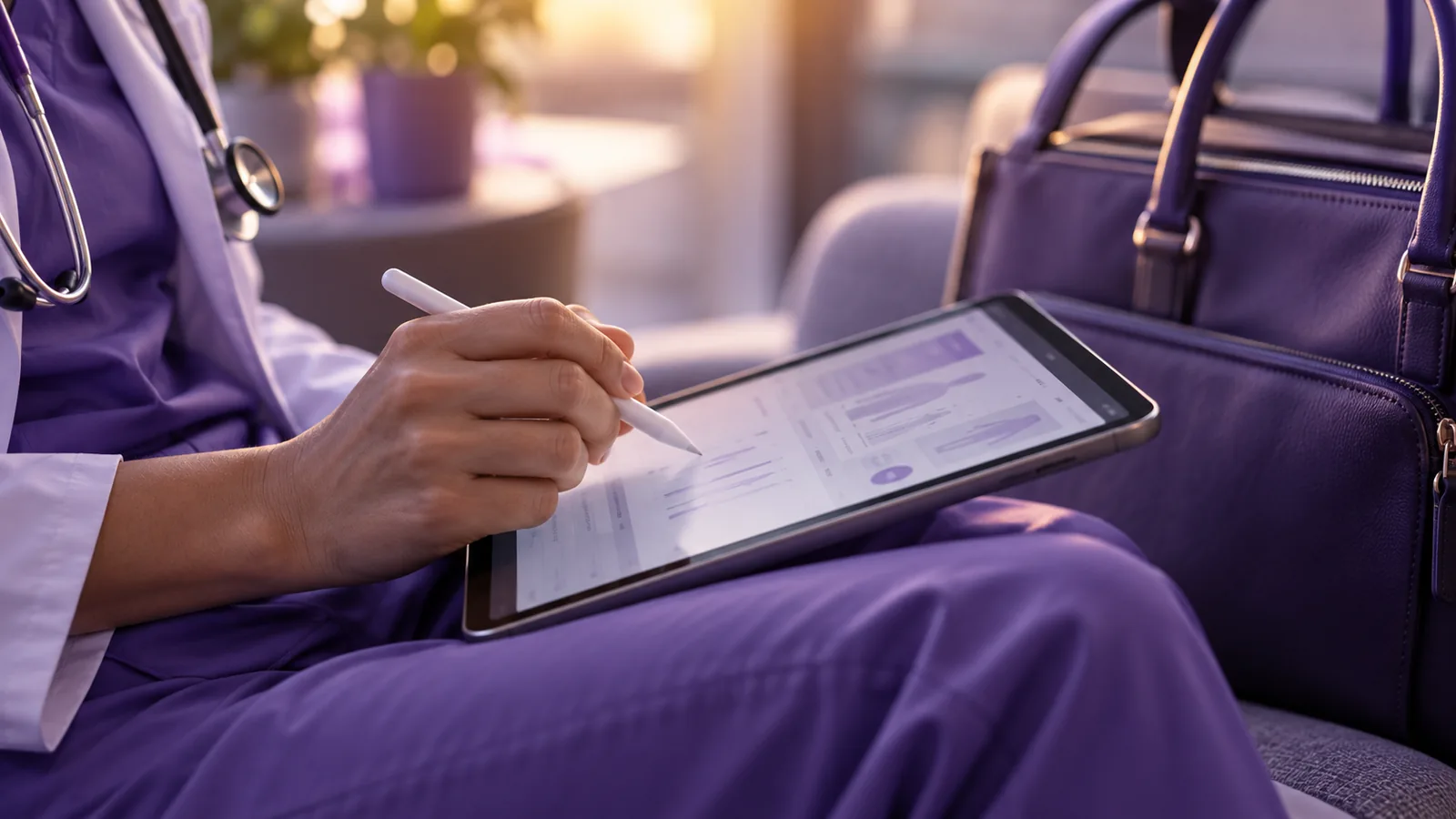 Hands charting a foot assessment on a tablet with a stylus beside a professional bag