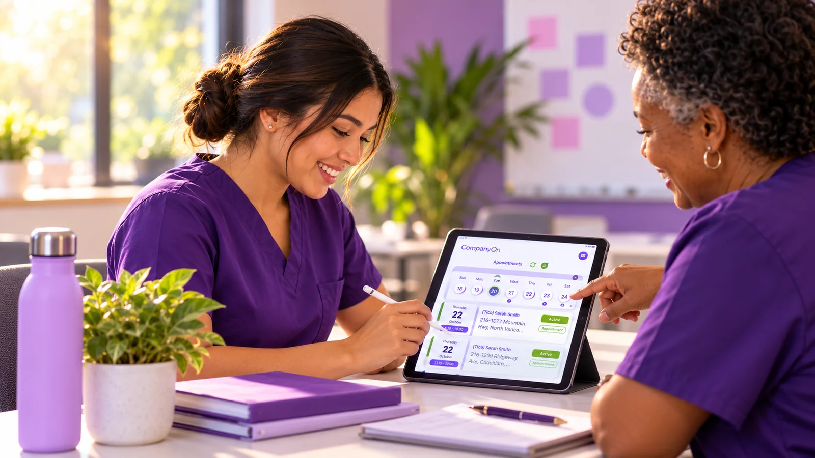 A new PSW reviewing her first week of visits on a tablet with an experienced colleague during onboarding