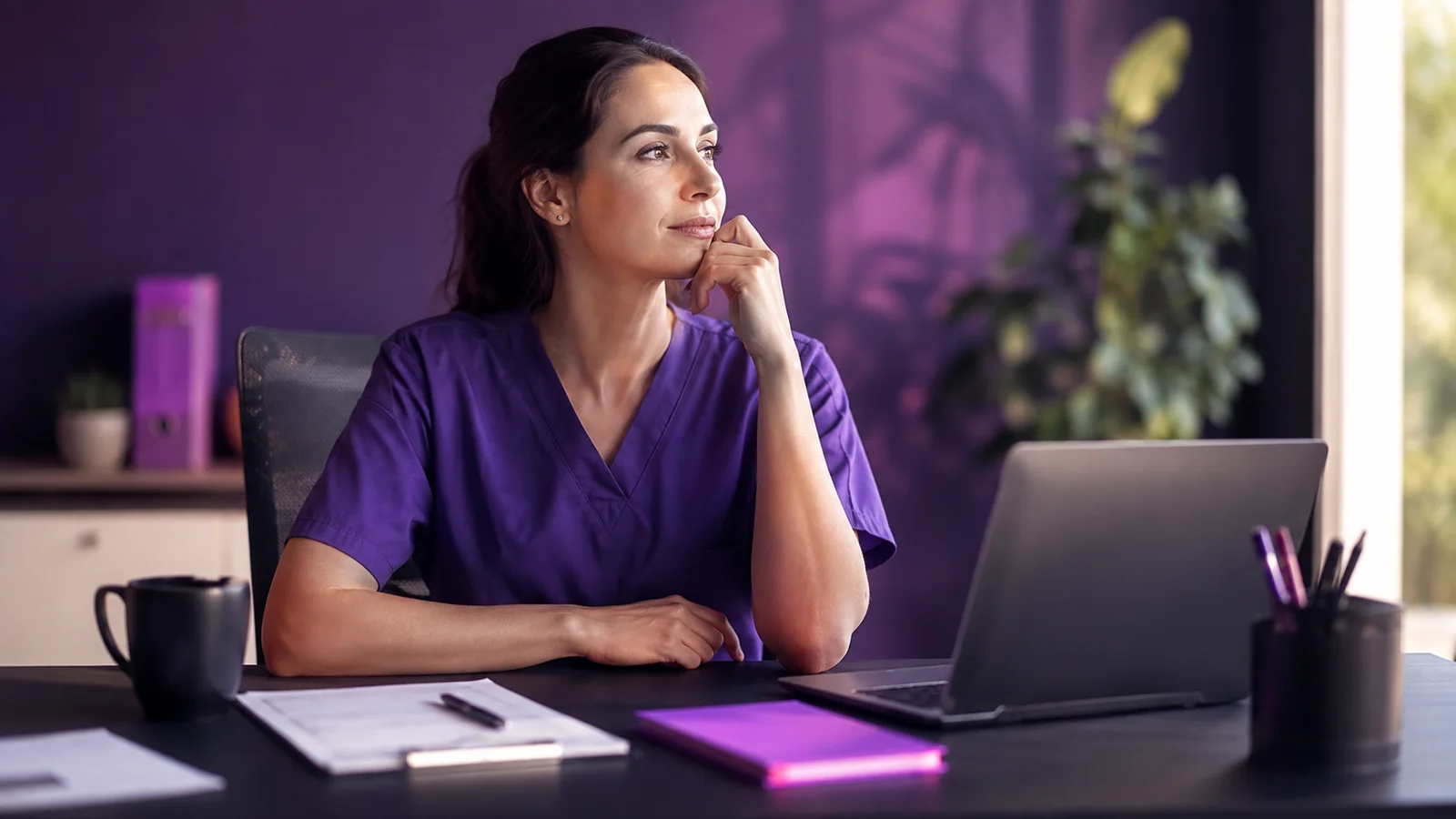A clinician at her desk pausing to think through a business decision