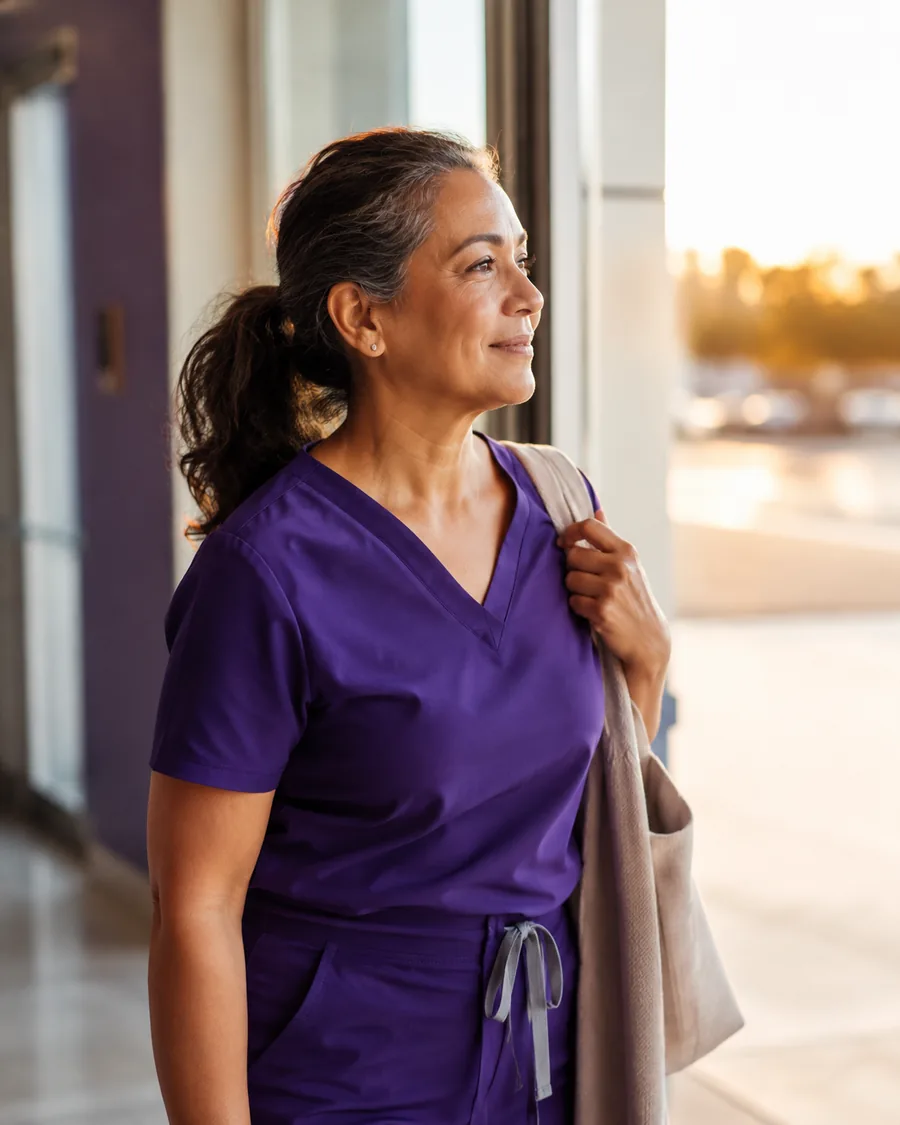 Clinician in purple scrubs sharing a tablet with a client