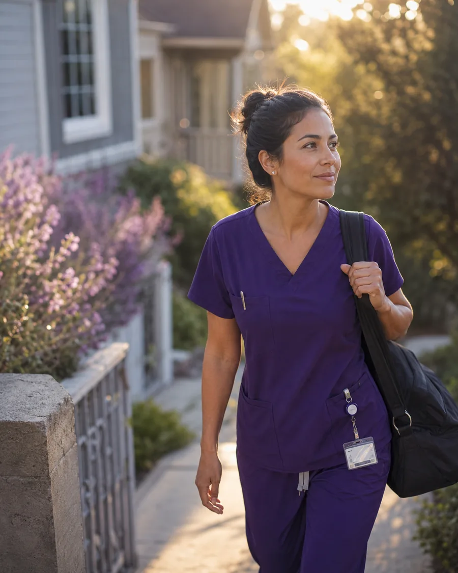 Clinician in purple scrubs sharing a tablet with a client