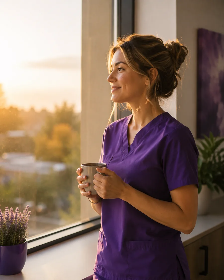 Clinician in purple scrubs sharing a tablet with a client