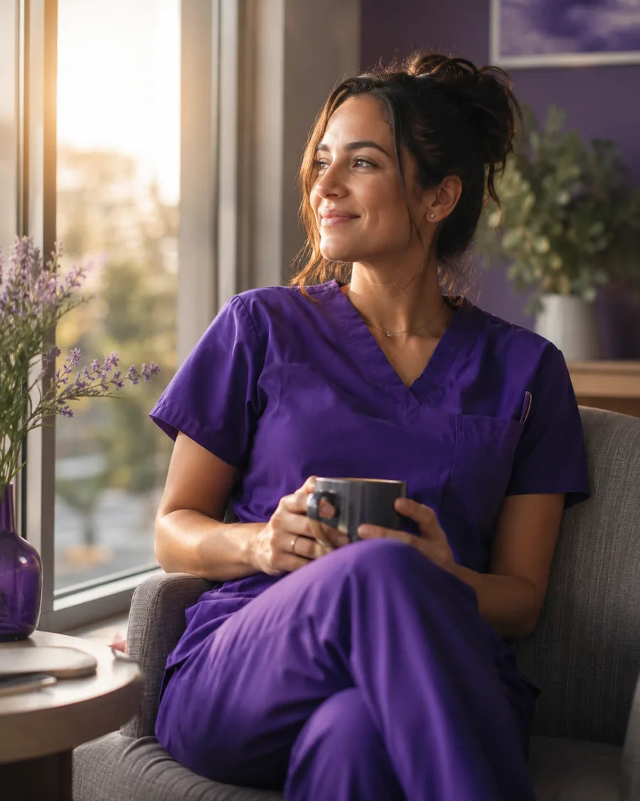 Clinician in purple scrubs sharing a tablet with a client