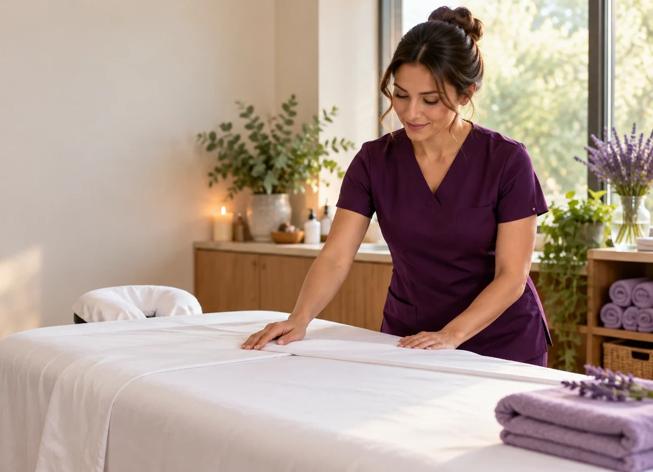 Massage therapist preparing the treatment room