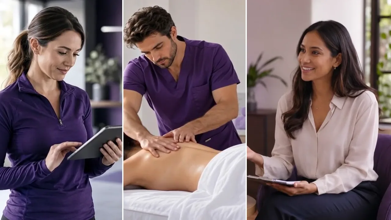 Physiotherapist, massage therapist and counsellor at work, each using CompanyOn on a tablet